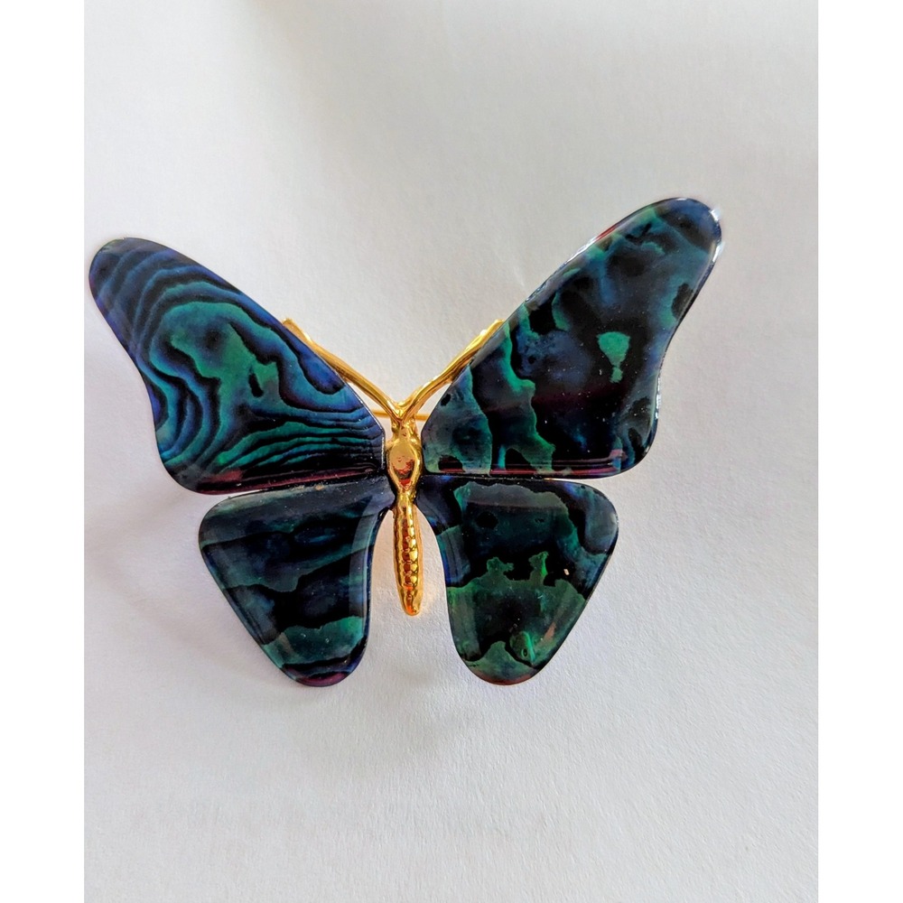 Vintage Abalone Shell Butterfly Brooch Gold Tone Iridescent Blue Green Pin